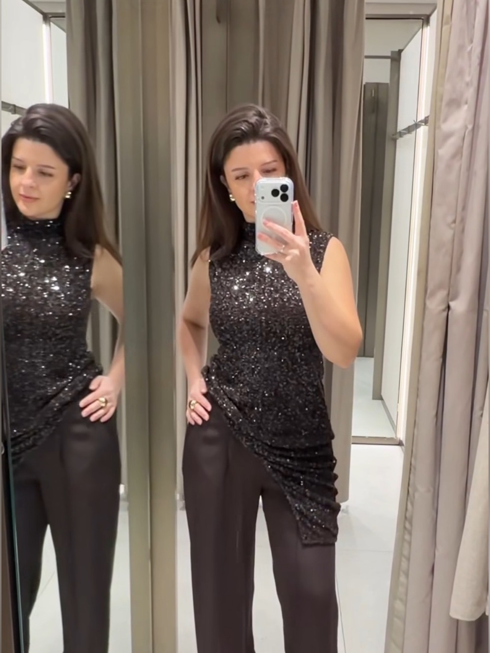 Zara Black Sequin High-Neck Top with Black Wide-Leg Pants
